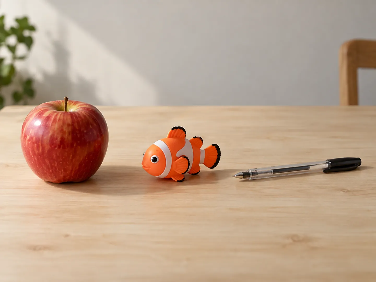 An apple, a small toy fish and a ballpoint pen laid out in a row on a light table, like three random words
