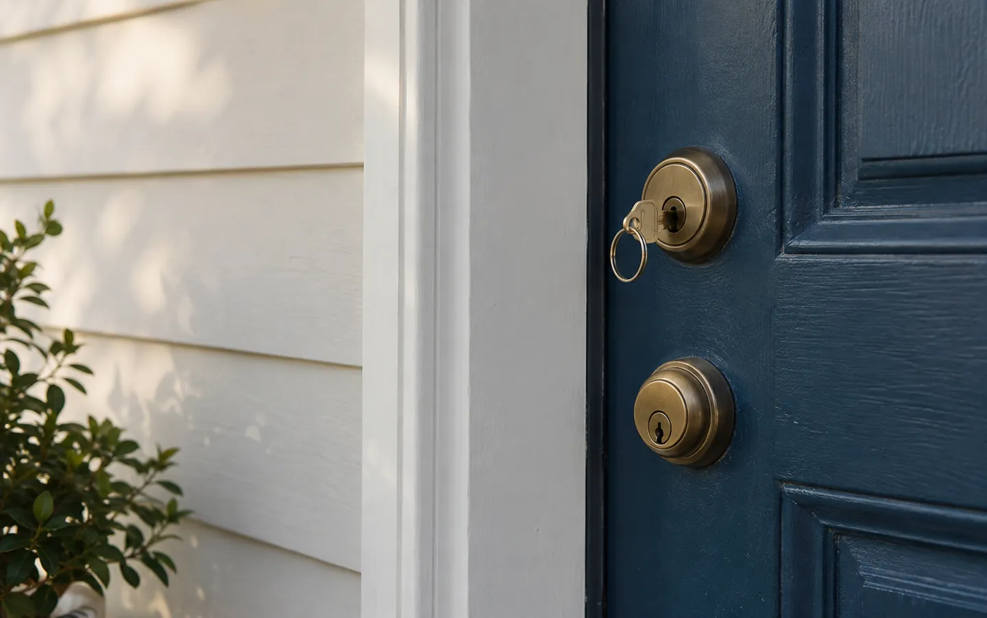 A front door with two locks, a brass key turned in the upper one, in soft morning light